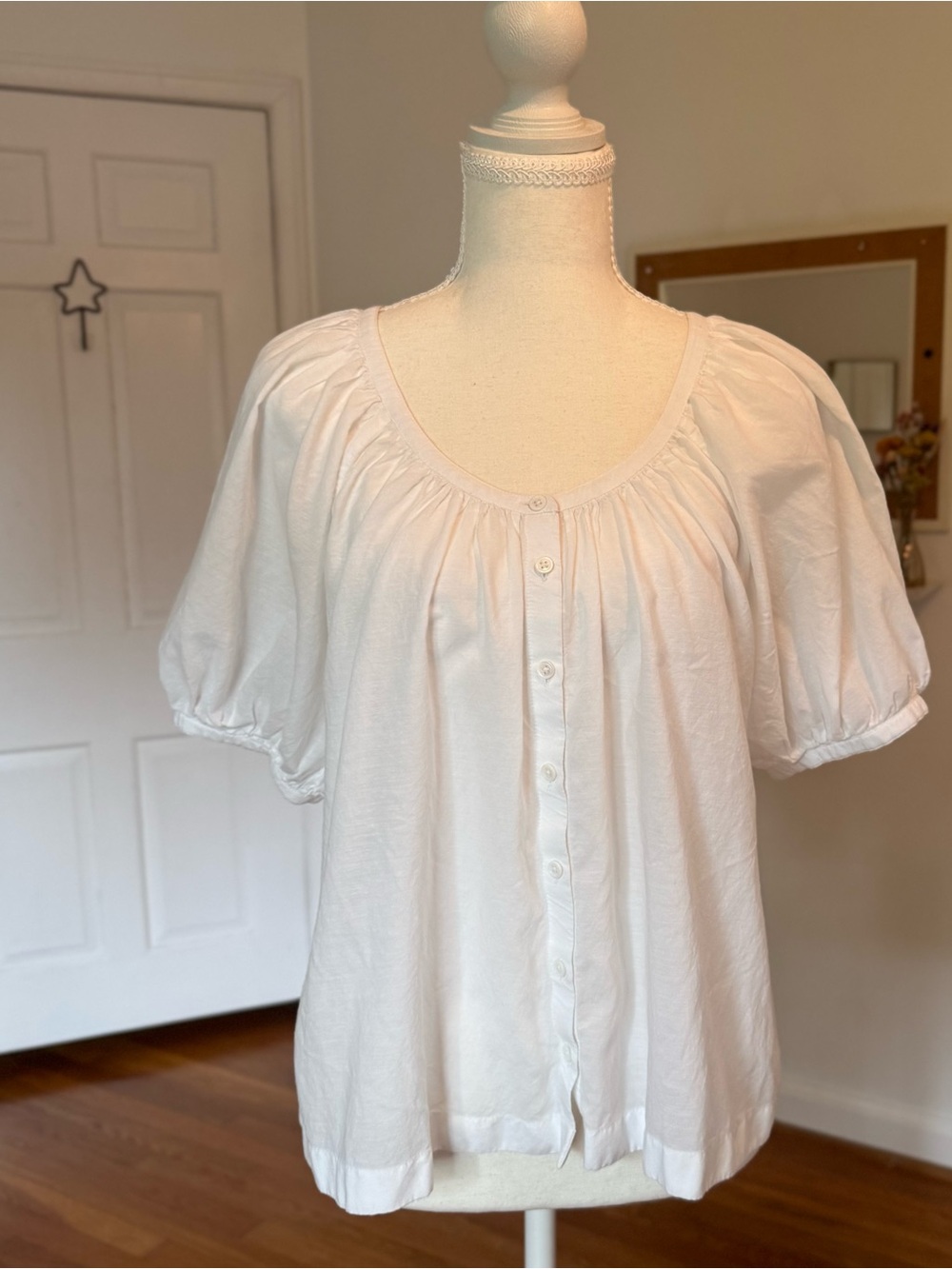 Madewell White Puff Sleeve A-Line Cotton Voile Blend Button Front  Blouse Sz Med